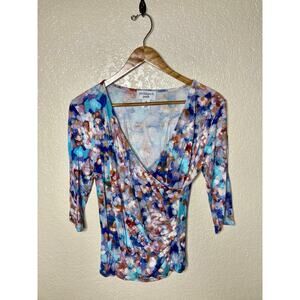 Peck & Peck Wrap Top Womens Petite Medium Floral 3/4 Sleeve